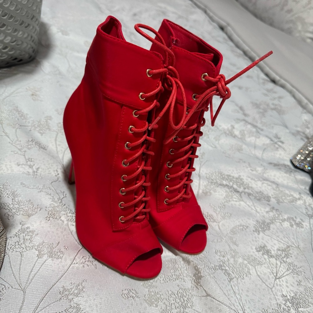 Red Lace-Up Peep Toe Ankle Boots
